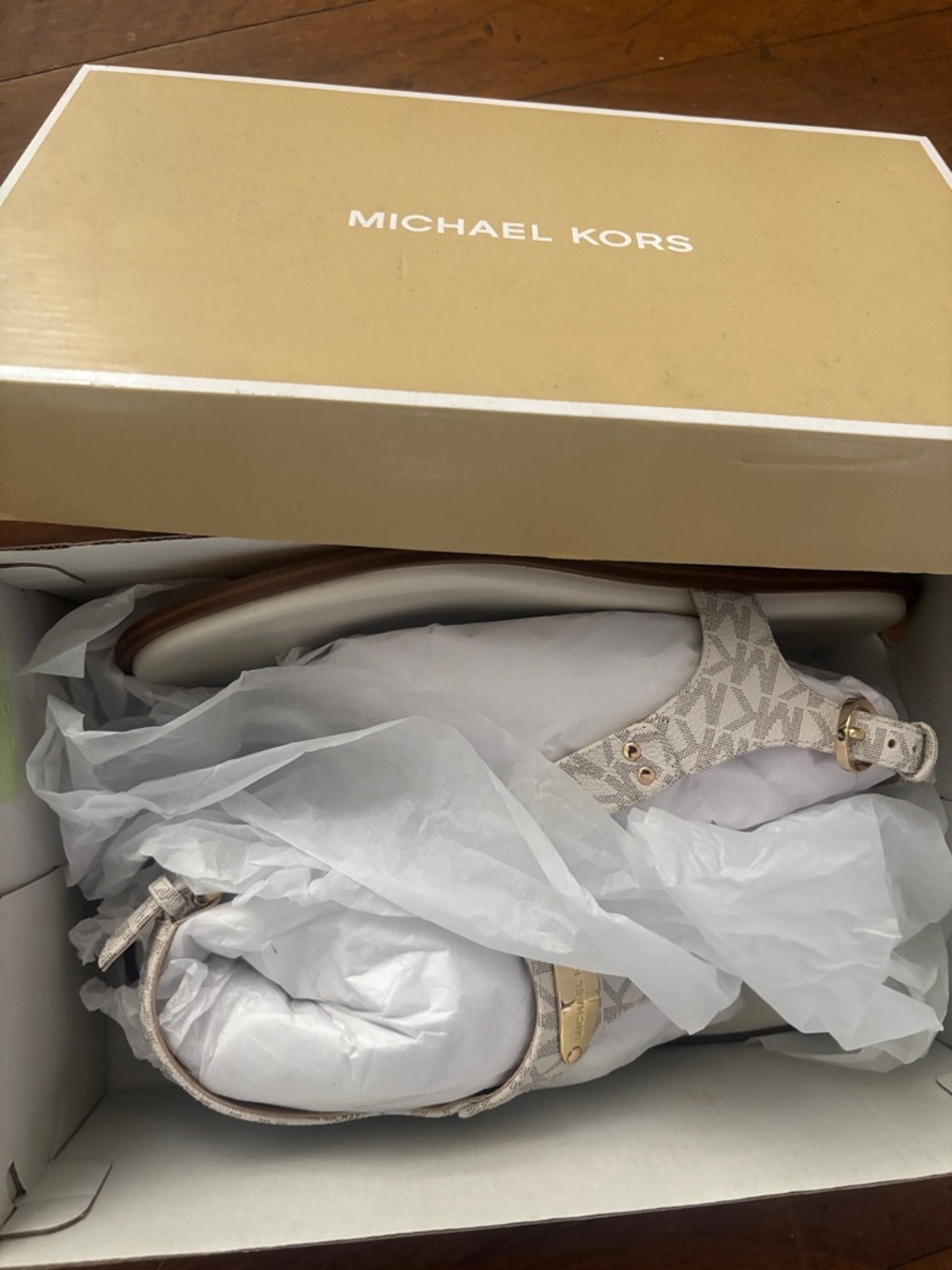 Michael Kors White/Beige MK Monogram Thong Sandals with Gold Accent